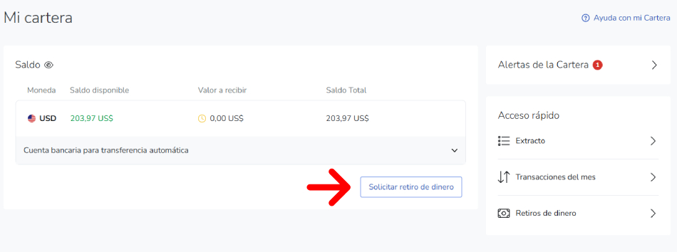 Sección de retiros de Hotmart
